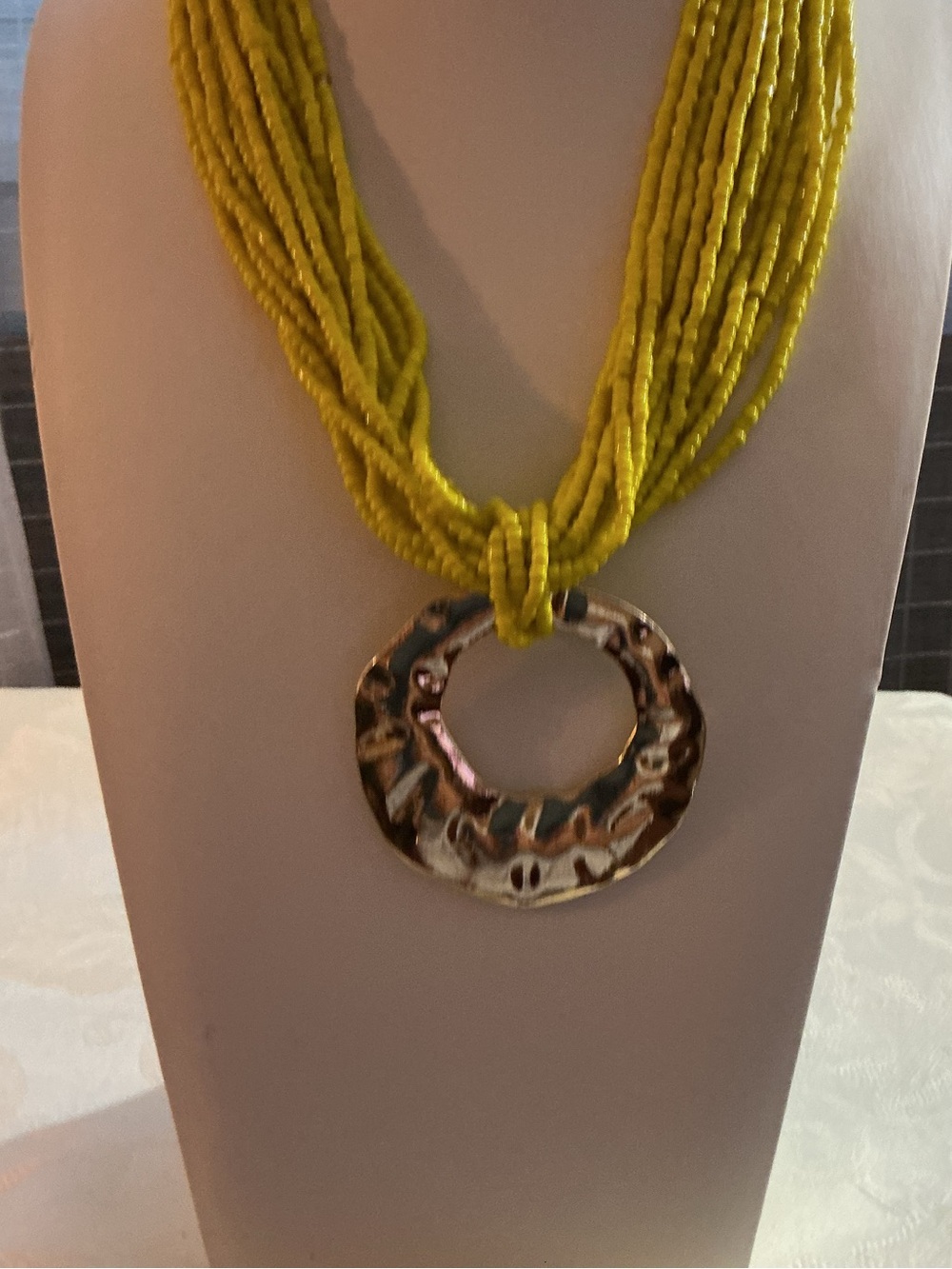Canary Yellow Multi Strand Seed Bead Gold Tone Pendant Necklace